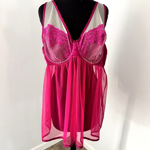 Pink Fushia Baby Doll Bra Lingerie Dress Cacique Plus Size 22/24 - Picture 1 of 5